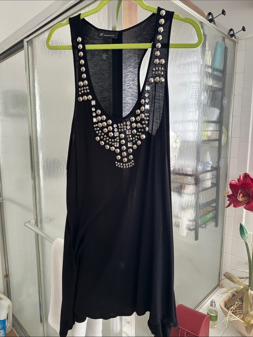 INC International Concepts Black Scoop Neck Tunic Dress with Stud Accents, L